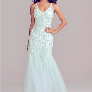 BEADED V-NECK MERMAID GOWN WITH TULLE GODETS